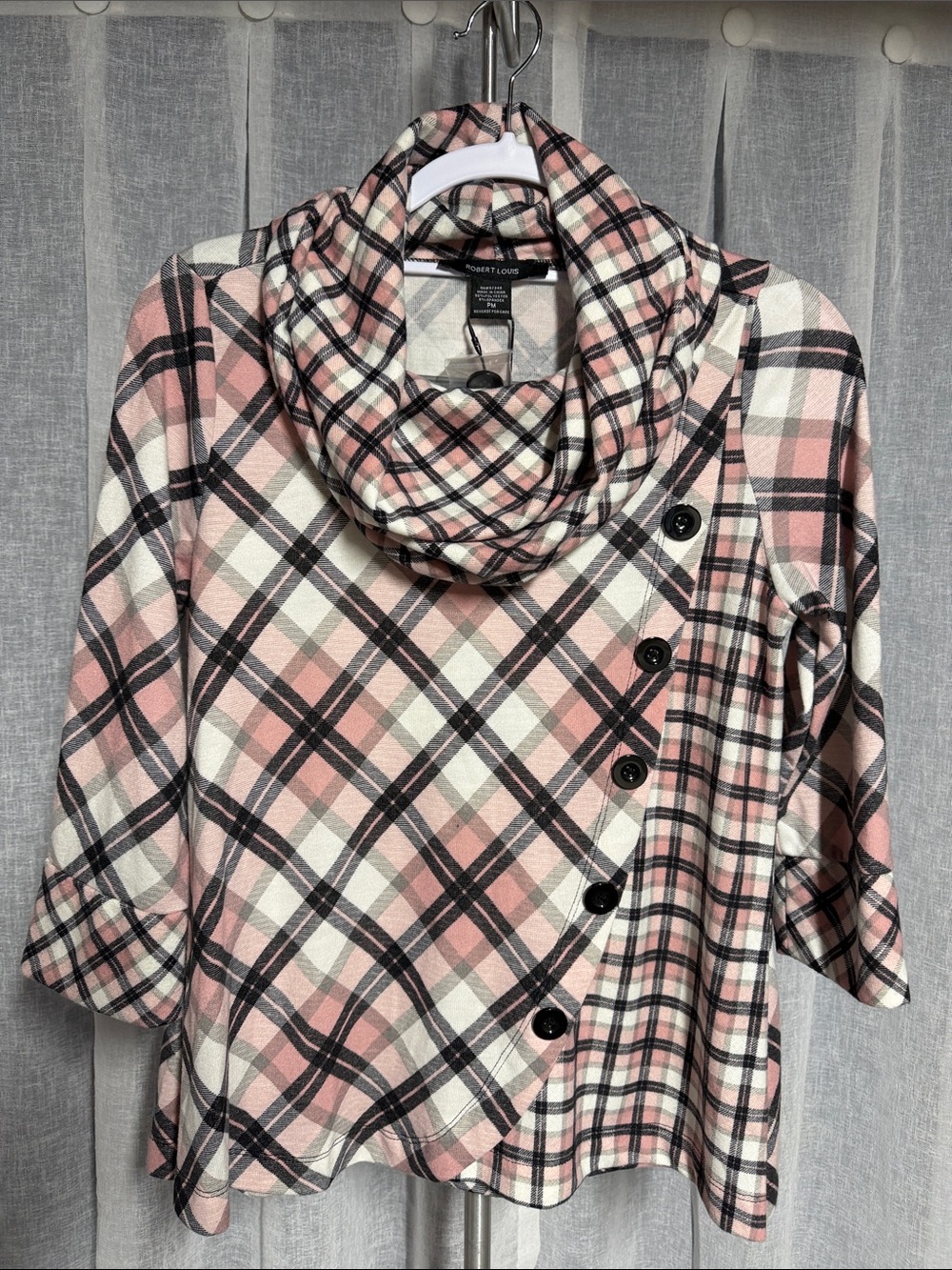 Robert Louis Pink Cream and Black Plaid Cowl-Neck Tunic.  0173